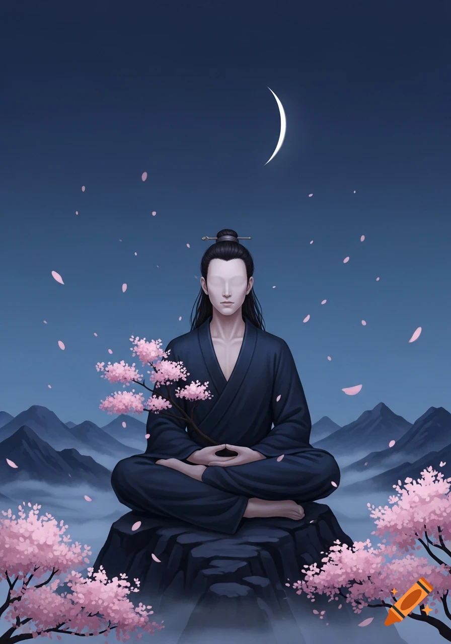 An Asian person with blank eye sockets meditates cross-legged on a rock, surrounded by pink cherry blossoms, under a crescent moon in a serene mountain landscape.