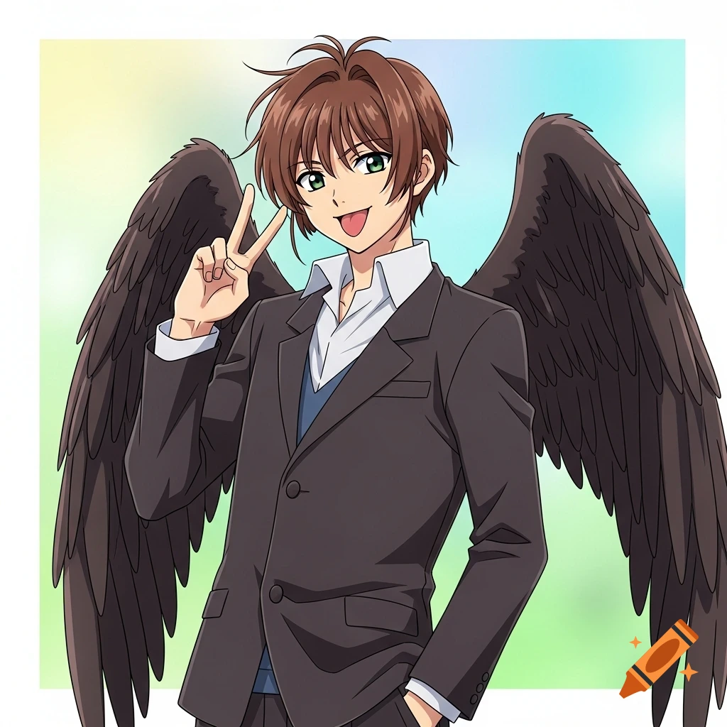 An anime boy with brown hair, green eyes, and large black wings smiles, making a peace sign and sticking his tongue out while wearing a dark suit.