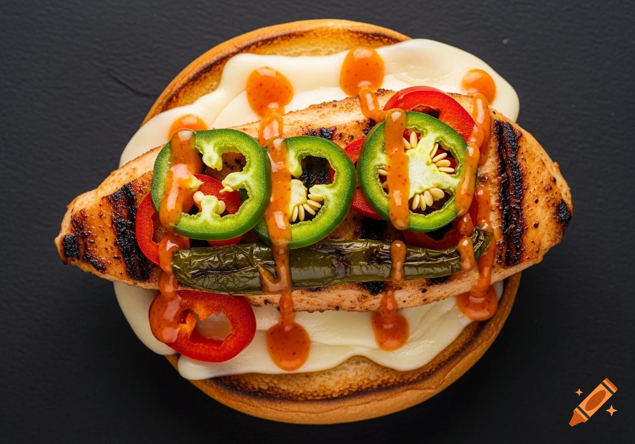 Overhead shot of an open-face grilled chicken sandwich on a toasted bun with melted cheese, jalape jaos, roasted chilies, and chili-lime glaze.