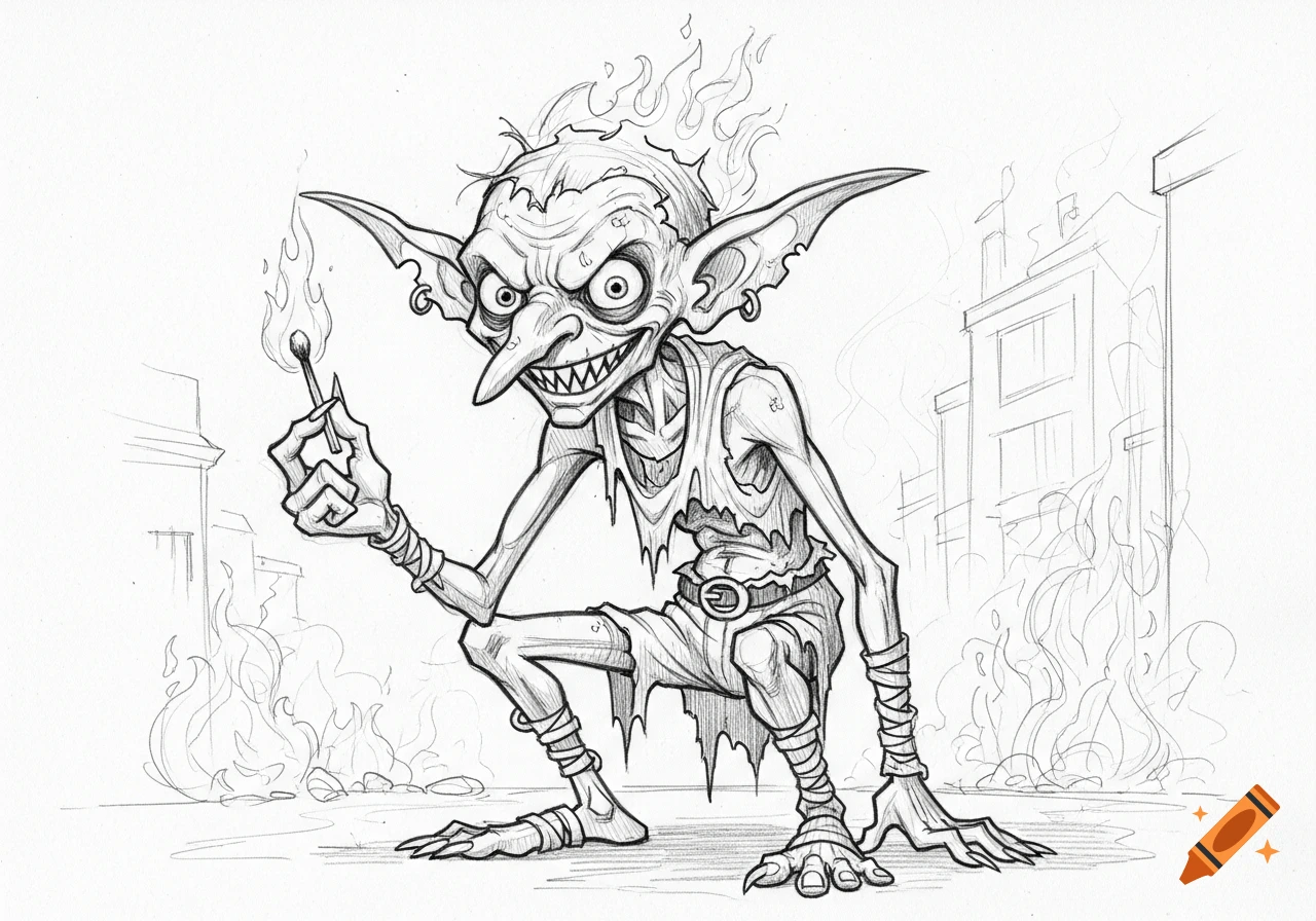 A malicious, scrawny goblin holds a lit match amidst burning buildings, drawn in a detailed pencil sketch style.