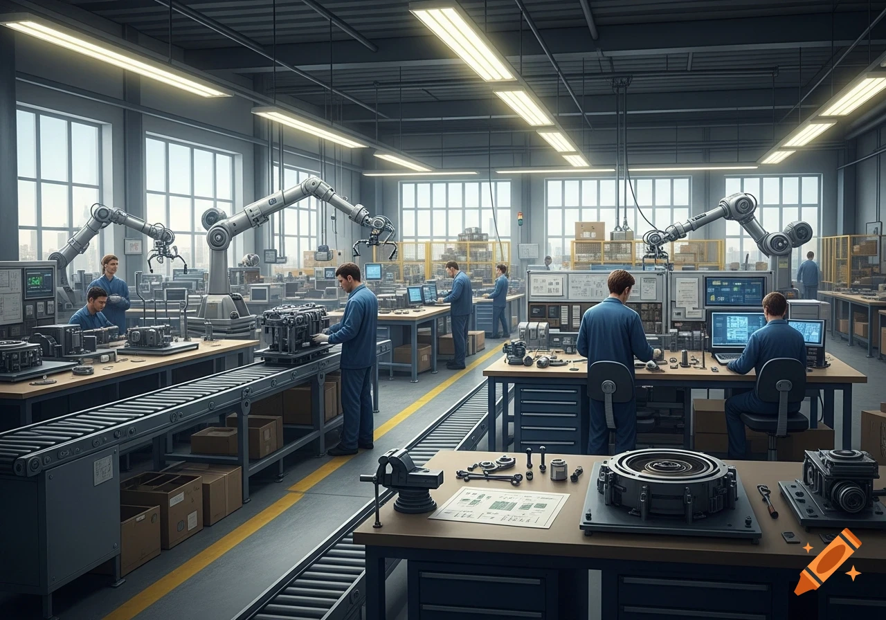 A photorealistic industrial assembly shop with workers in blue uniforms, robotic arms, and conveyor belts.