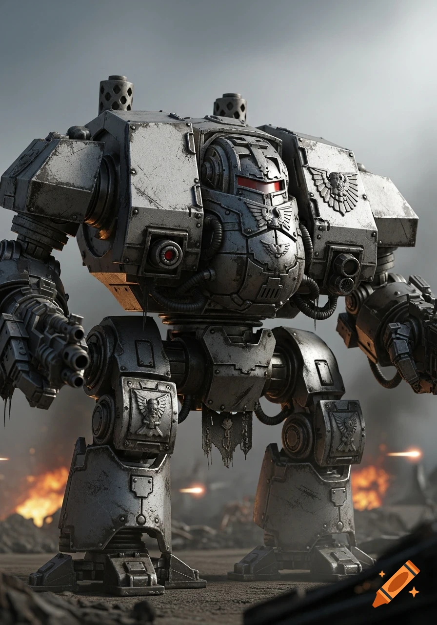 A hyperrealistic, weathered grey Warhammer 40k Dreadnought mech with a red visor stands on a battlefield with fire in the background.
