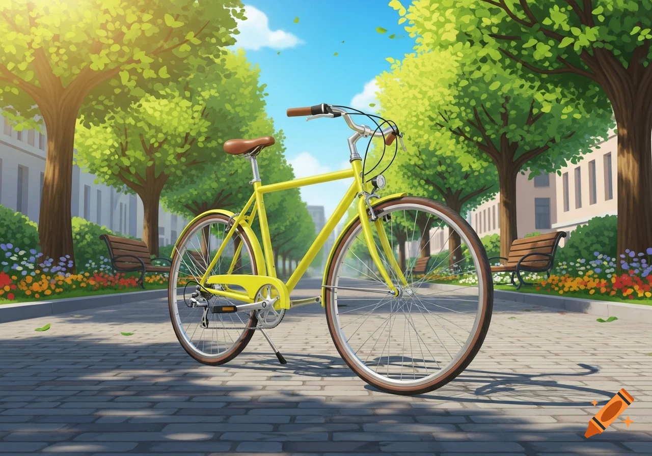 A bright yellow bicycle with a brown seat and handlebars on a paved path in a sunny, illustrated park with green trees and flowers.