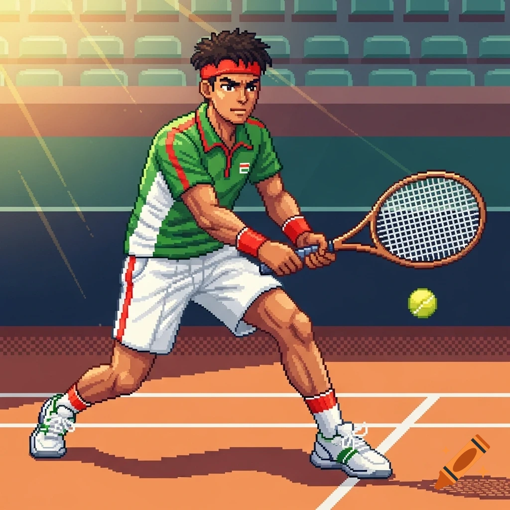A pixel art illustration of a male tennis player in a green shirt and white shorts, holding a racket on a clay court.