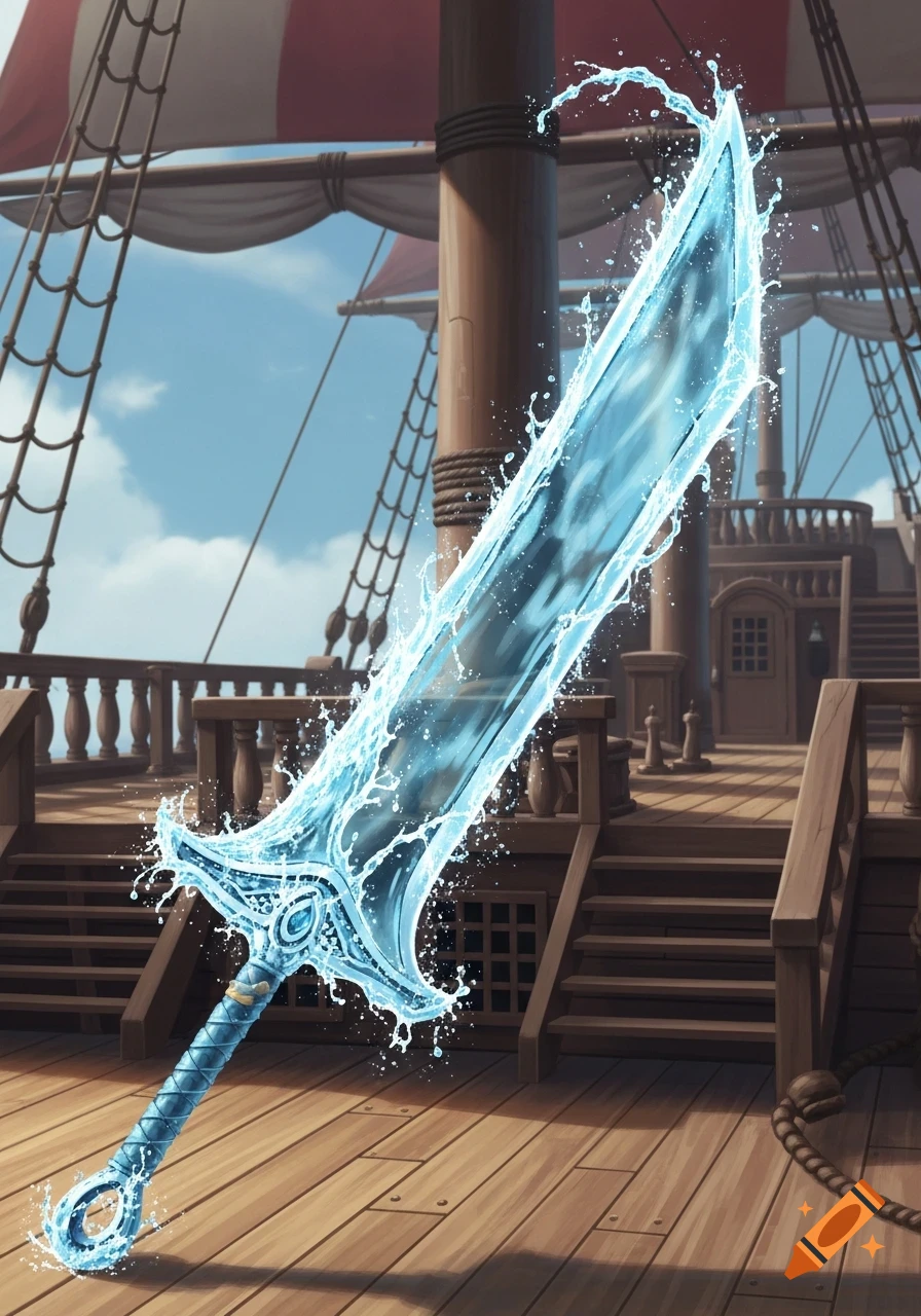 A magical, translucent water sword with swirling droplets floats diagonally above a wooden pirate ship deck in a painterly style.
