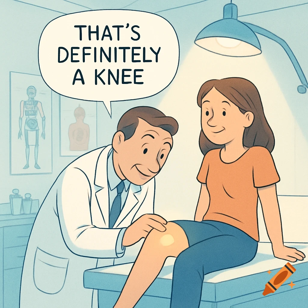 A cartoon doctor in a lab coat examines a female patient's knee, with a speech bubble saying "THAT'S DEFINITELY A KNEE".