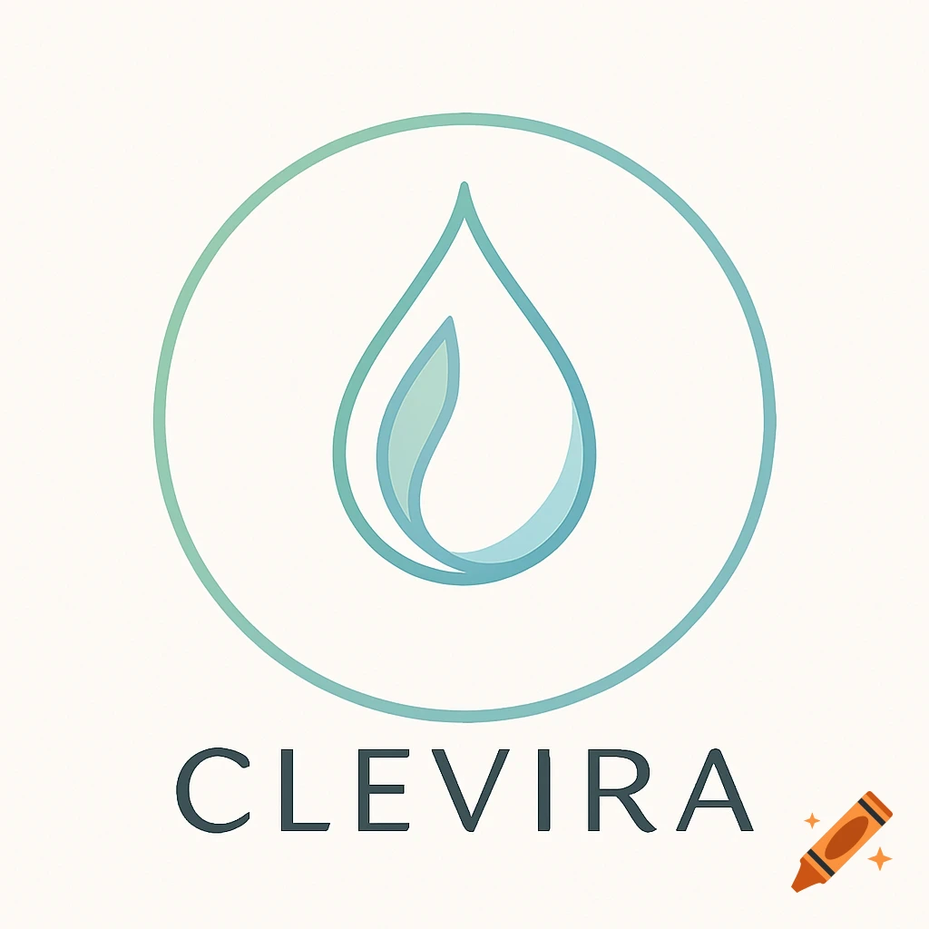 Minimalist logo featuring a blue-green water drop icon within a circle, with the word CLEVIRA in dark text below.
