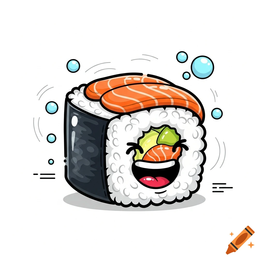 A happy cartoon sushi roll with salmon and avocado filling, topped with salmon, on a white background with bubbles.