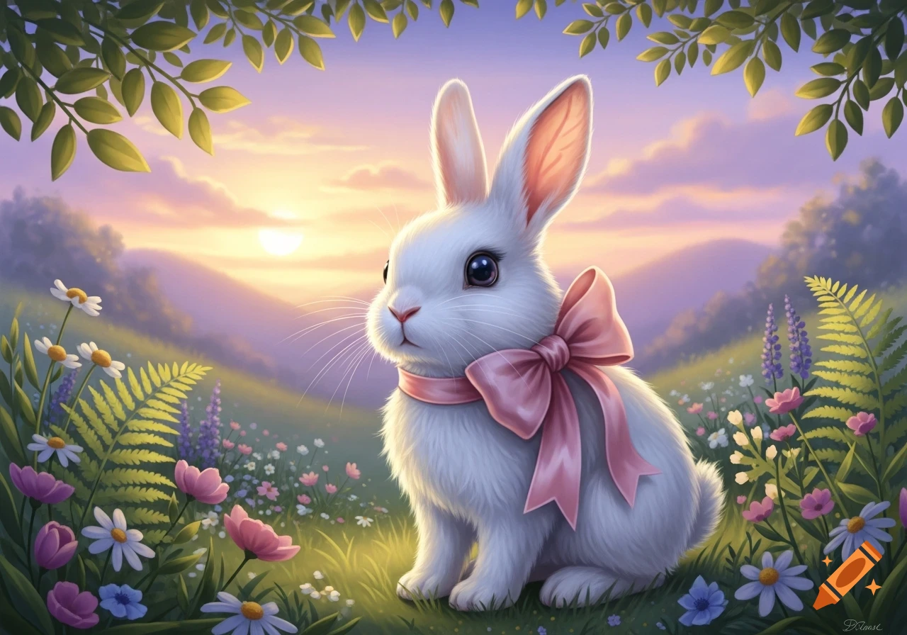 A cute white bunny with a pink bow sits in a field of colorful ...