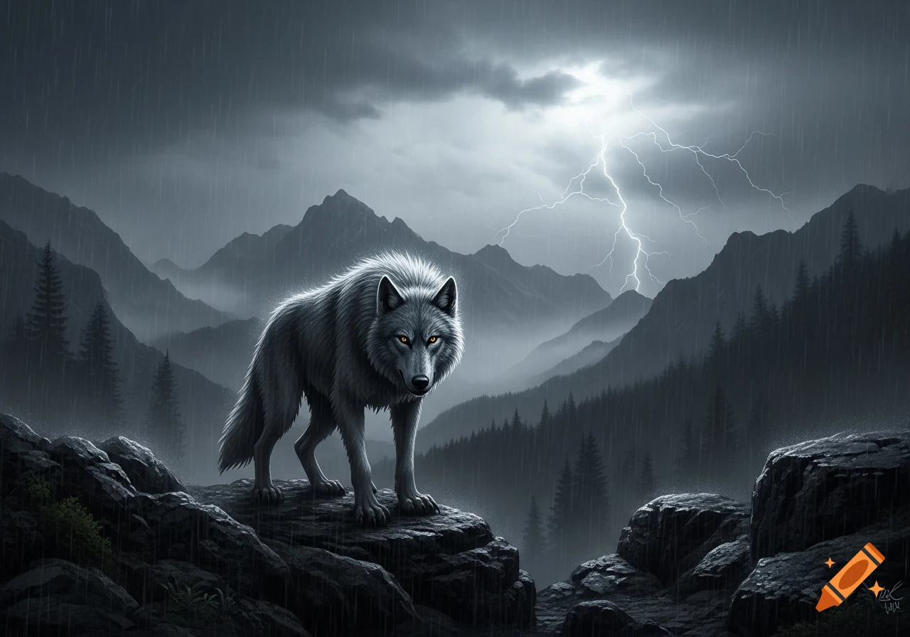 A grey wolf with glowing orange eyes stands on a rocky peak during a stormy night, with lightning flashing over dark mountains and rain falling.