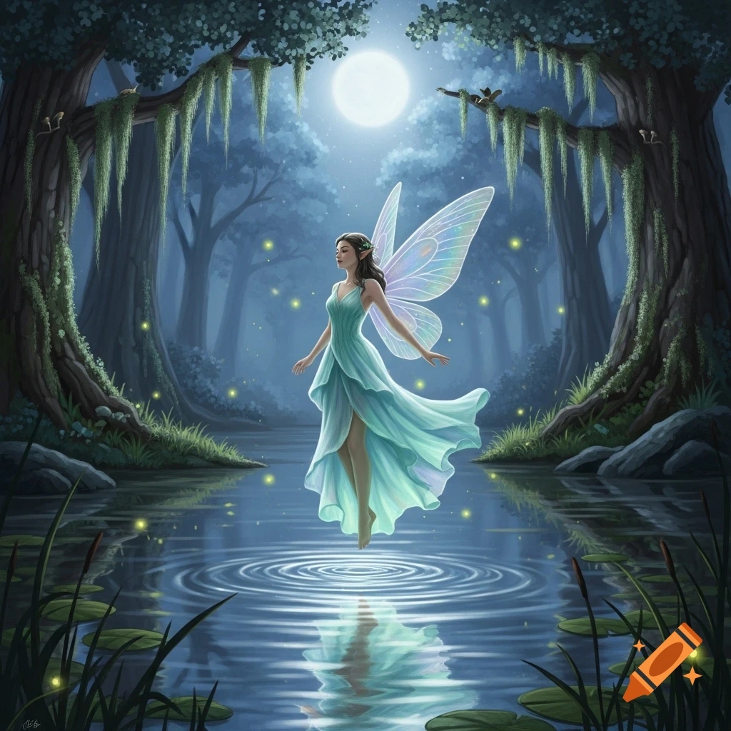 A luminous fairy with iridescent wings and a flowing blue-green dress hovers above reflective water in a moonlit swamp forest.