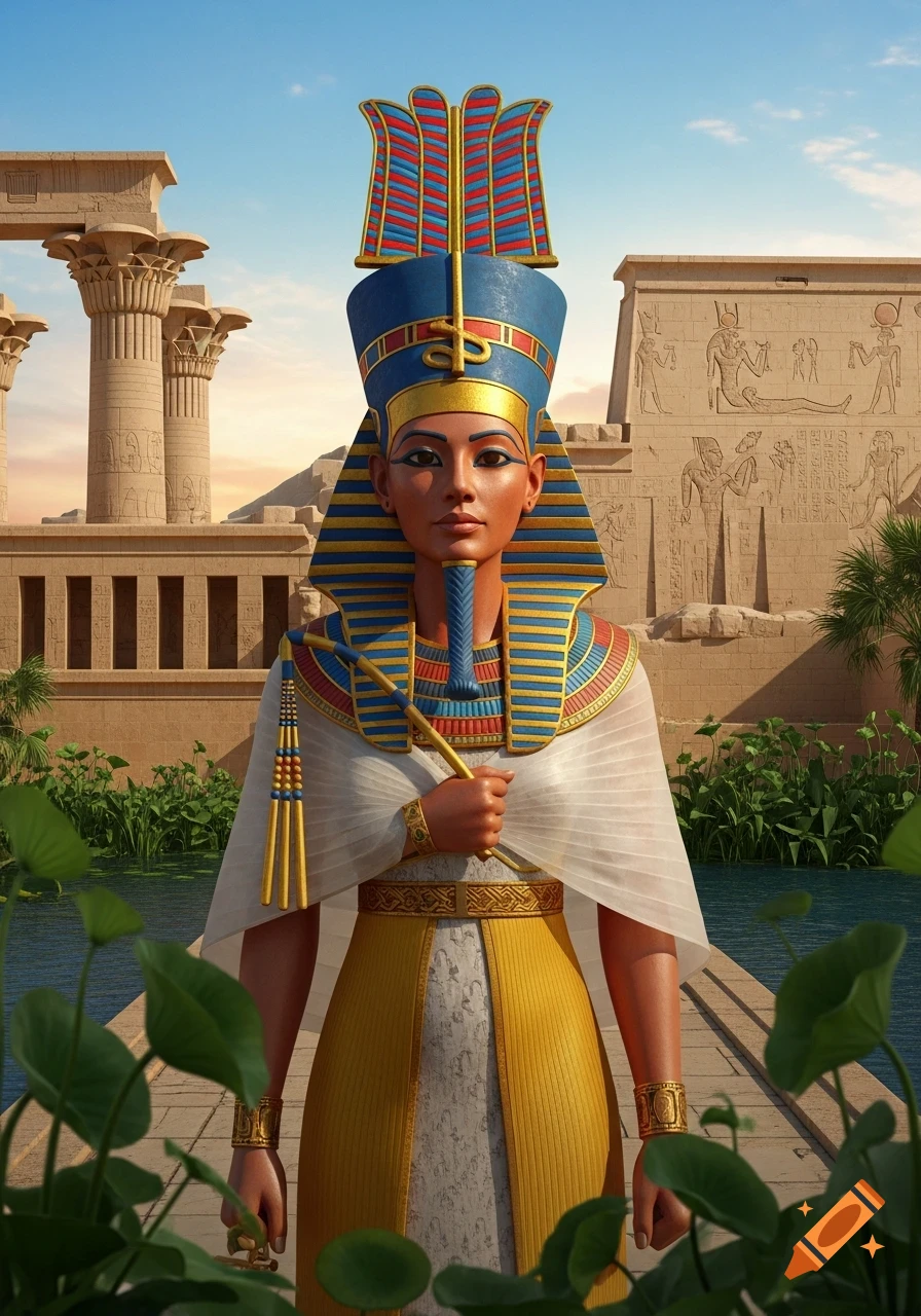 Photorealistic depiction of an ancient Egyptian queen, Hatshepsut, in a regal headdress and attire, standing by temple ruins and water.