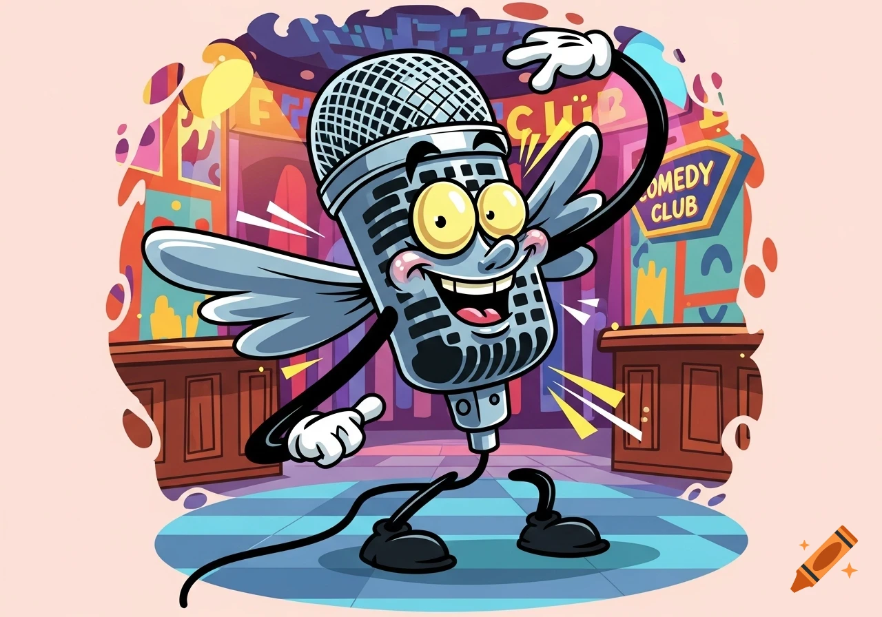 A vibrant cartoon microphone character with a smiling face, arms, and legs poses in front of a 'Comedy Club' sign.