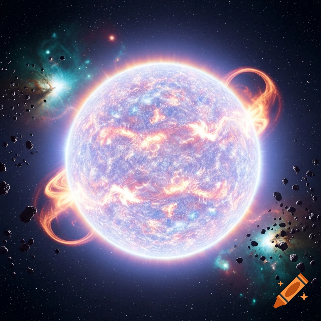 A brilliant, glowing blue and orange star in deep space, surrounded by fiery rings, asteroids, and distant nebulae.