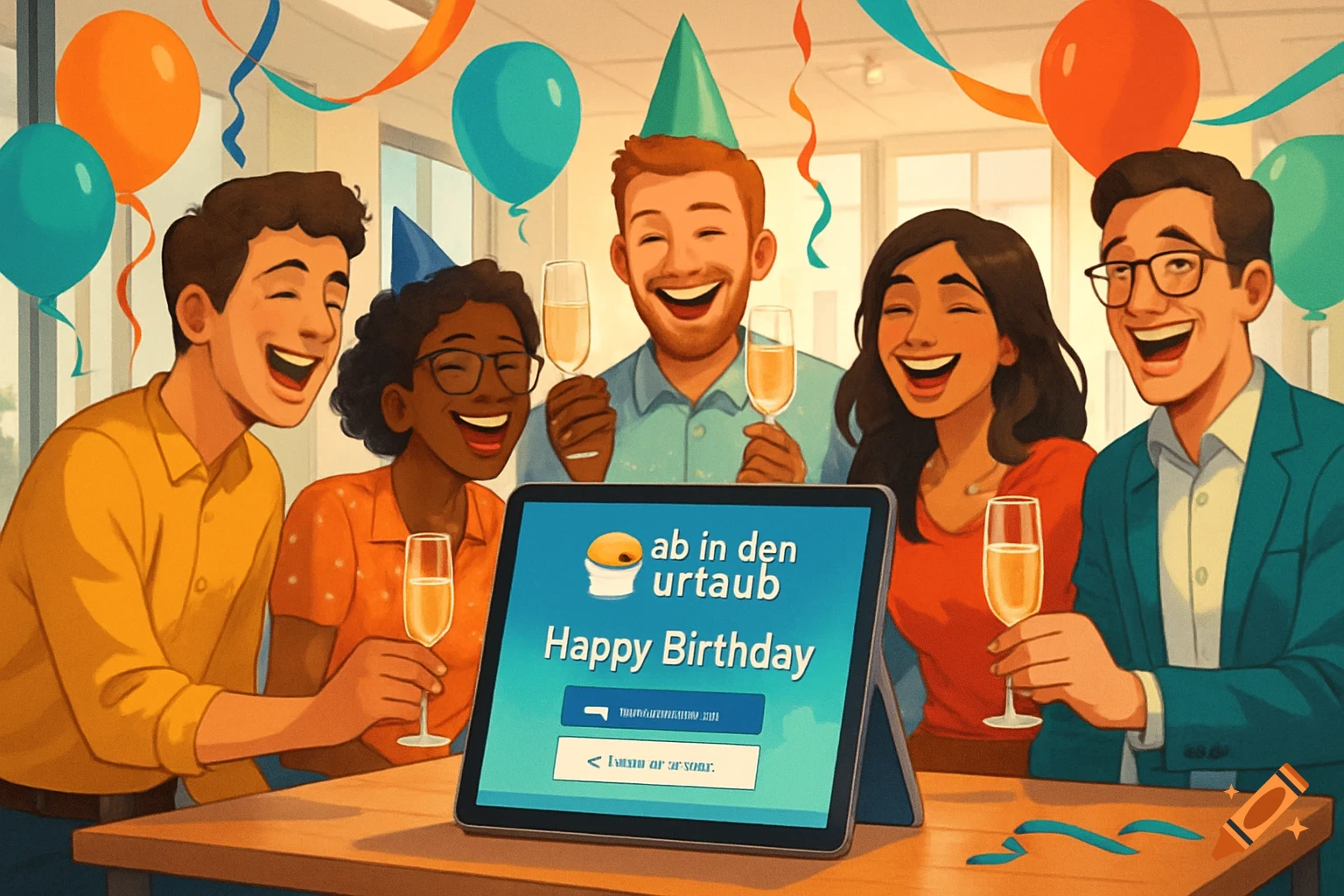 Five diverse people celebrate a birthday, smiling and holding champagne glasses around a tablet displaying "Happy Birthday" and "ab in den urlaub".
