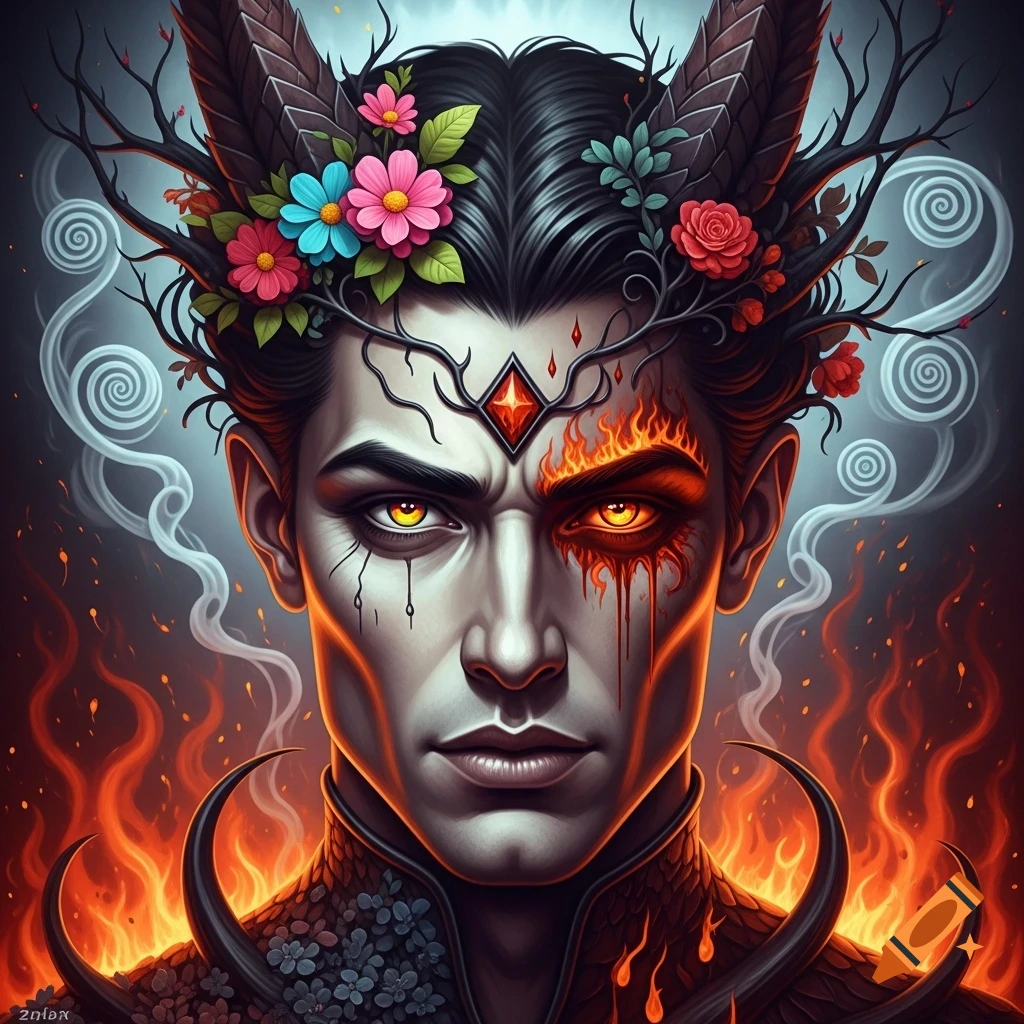 Close-up of Lucifer's face with intense fiery eyes, one side burning. He wears horns resembling tree branches adorned with flowers, and a red gem on his forehead, all set against a background of fire and smoke.