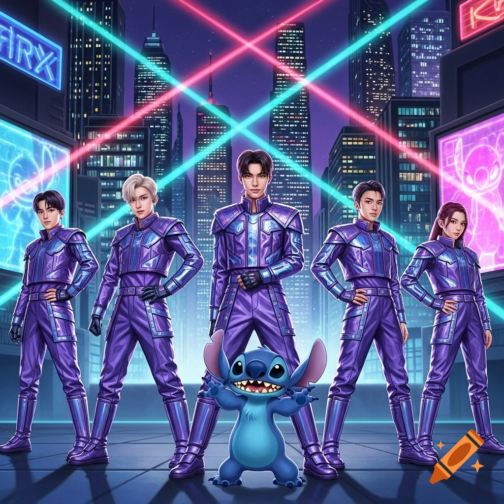 Five people in purple futuristic suits pose with Stitch in a neon-lit cyberpunk city.
