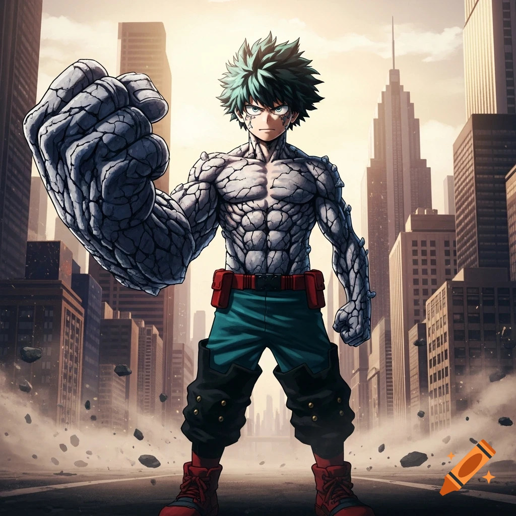 Anime character with green spiky hair and a powerful stone-textured body, raising a massive stone left fist in a city street.