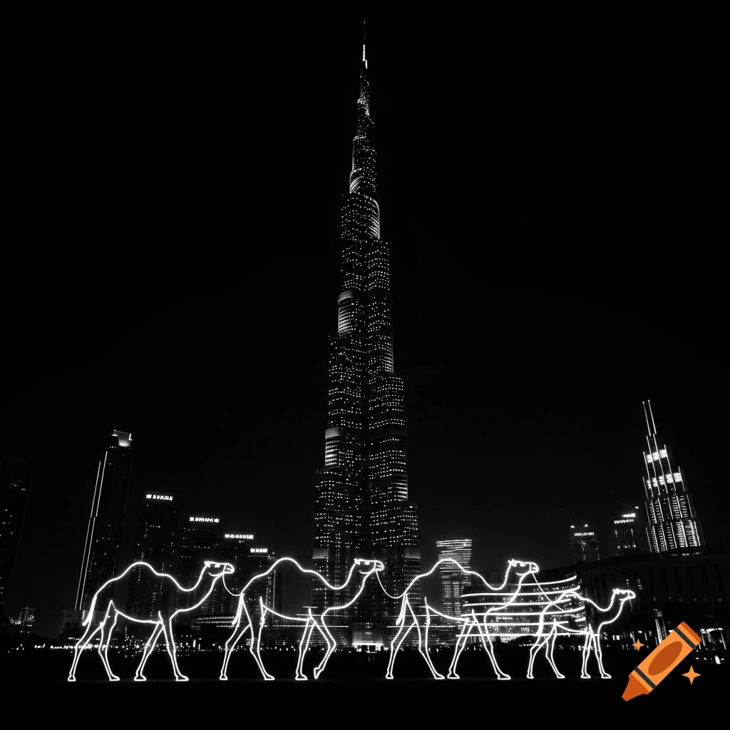 A black and white image of five glowing outline camels walking in front of the illuminated Burj Khalifa and other skyscrapers at night.