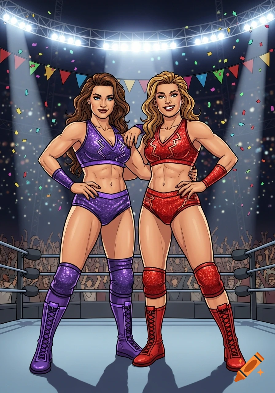 Cartoon illustration of two muscular female wrestlers, one in purple and one in red, standing in a ring with a crowd.