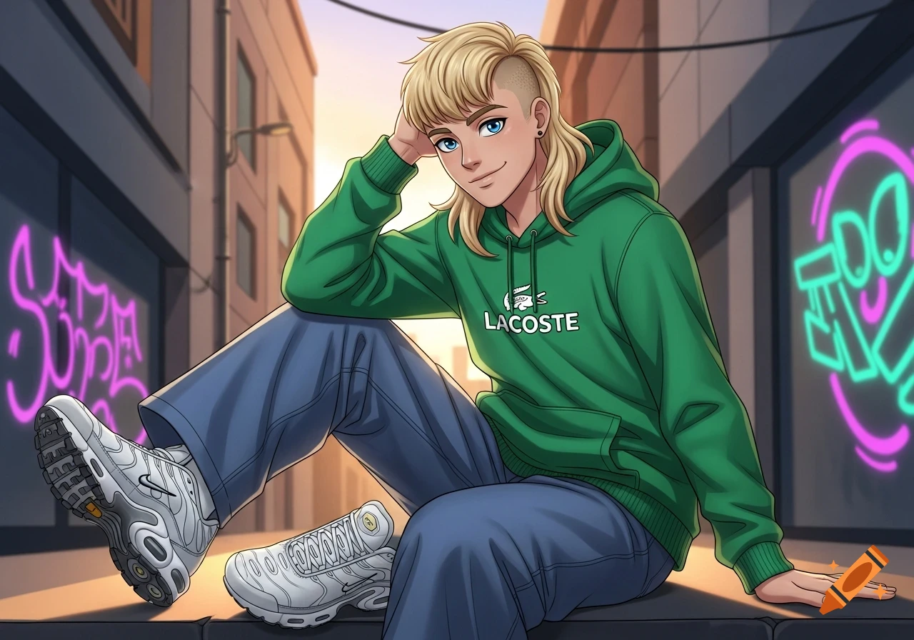 An anime-style young man with blonde hair and a mullet cut sits in an urban setting, wearing a green Lacoste hoodie, baggy jeans, and white Nike TN sneakers.