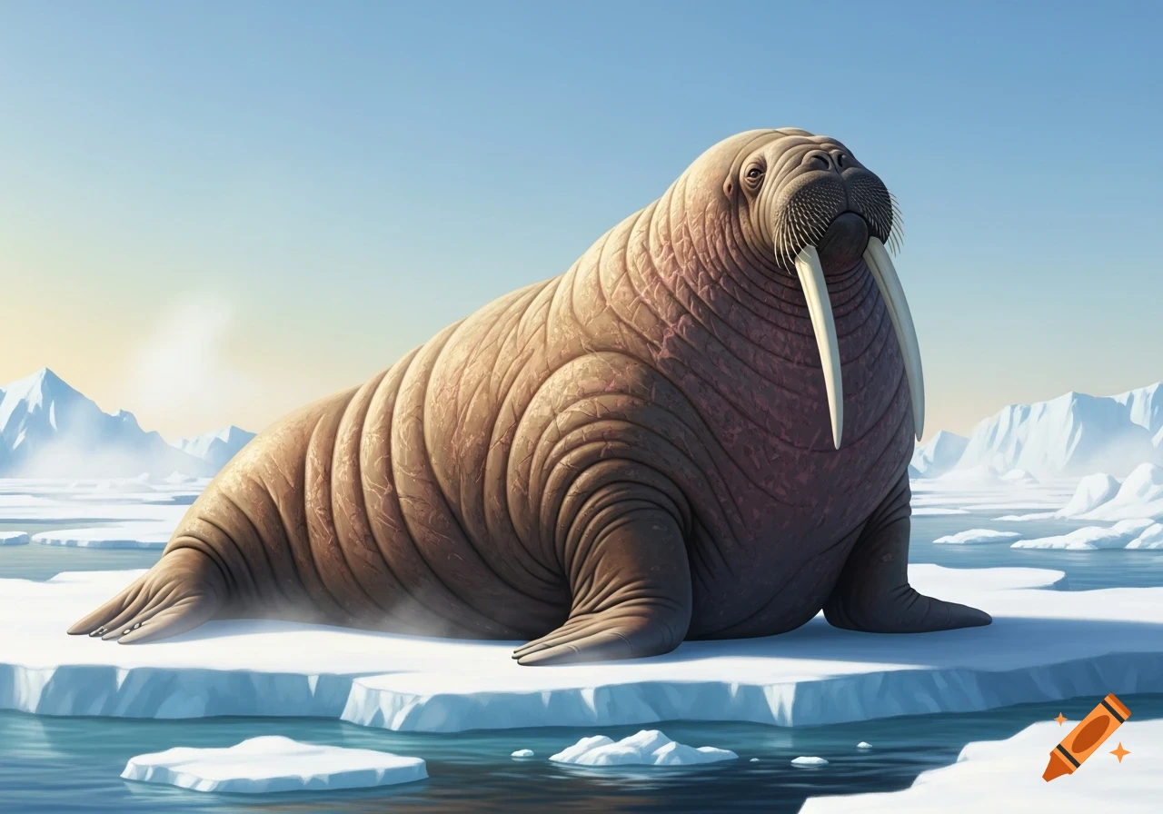 A large, brown walrus with long tusks rests on an ice floe in a vast, blue arctic landscape.