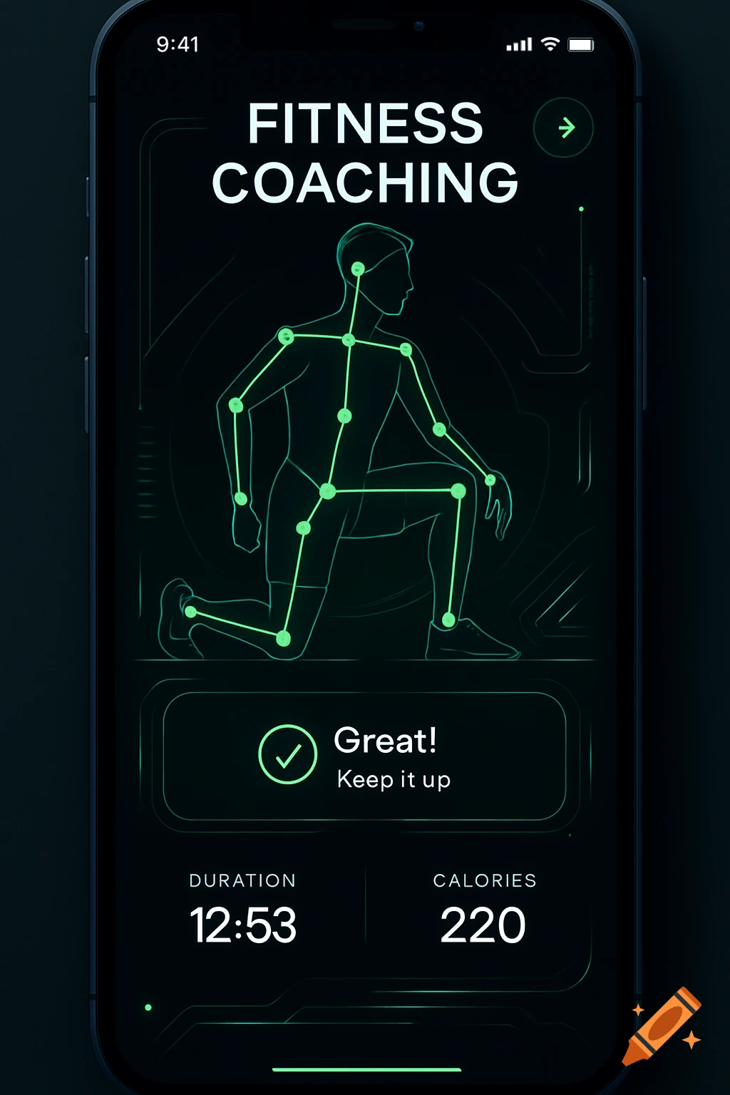 A modern mobile fitness coaching app screen with a neon green skeleton overlay on a figure doing a lunge, displaying duration and calories.
