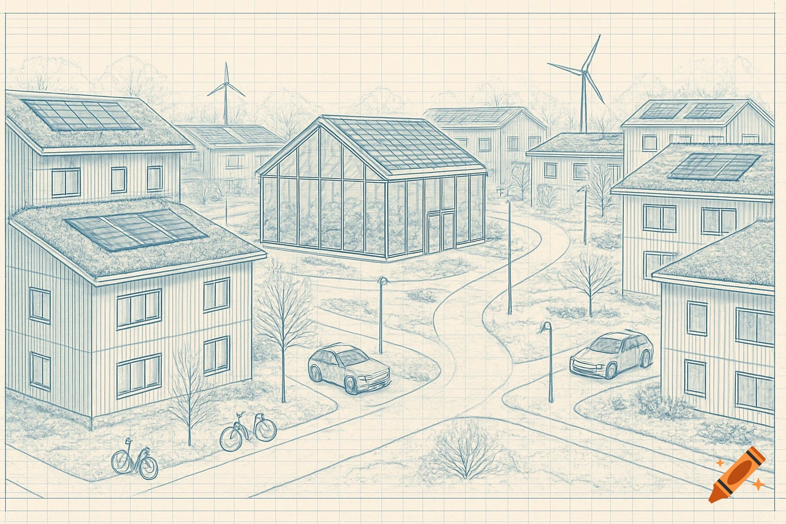 Blueprint illustration of a sustainable neighborhood with houses featuring green roofs and solar panels, a central glass greenhouse, cars, bicycles, and wind turbines.