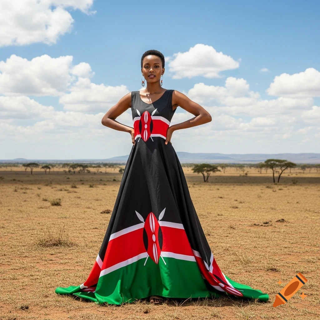 A Kenyan woman in a black dress with a Kenyan flag motif poses in a dry savanna under a blue sky.