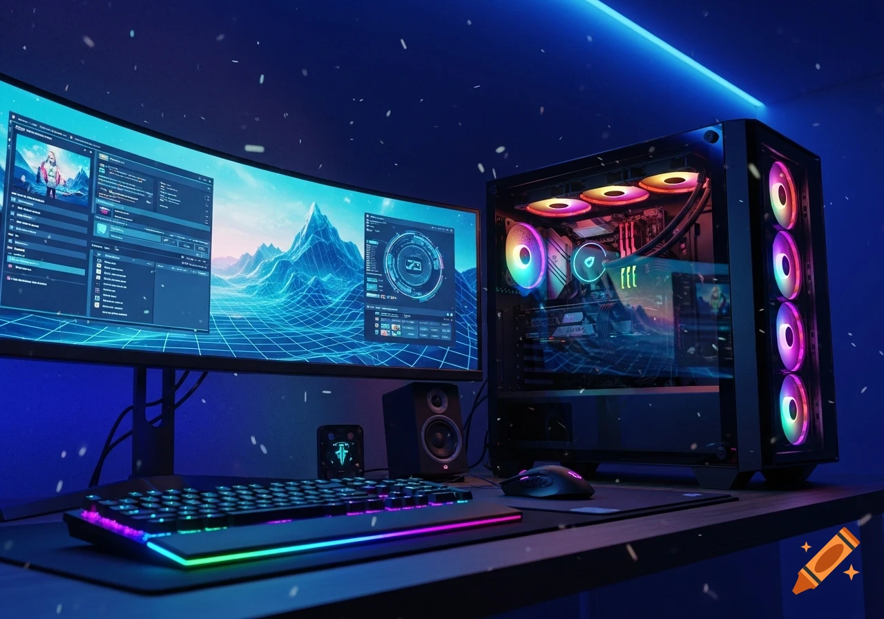 A vibrant gaming PC setup with a large curved monitor, an RGB keyboard, and a powerful PC tower, all illuminated by blue and colorful lights.