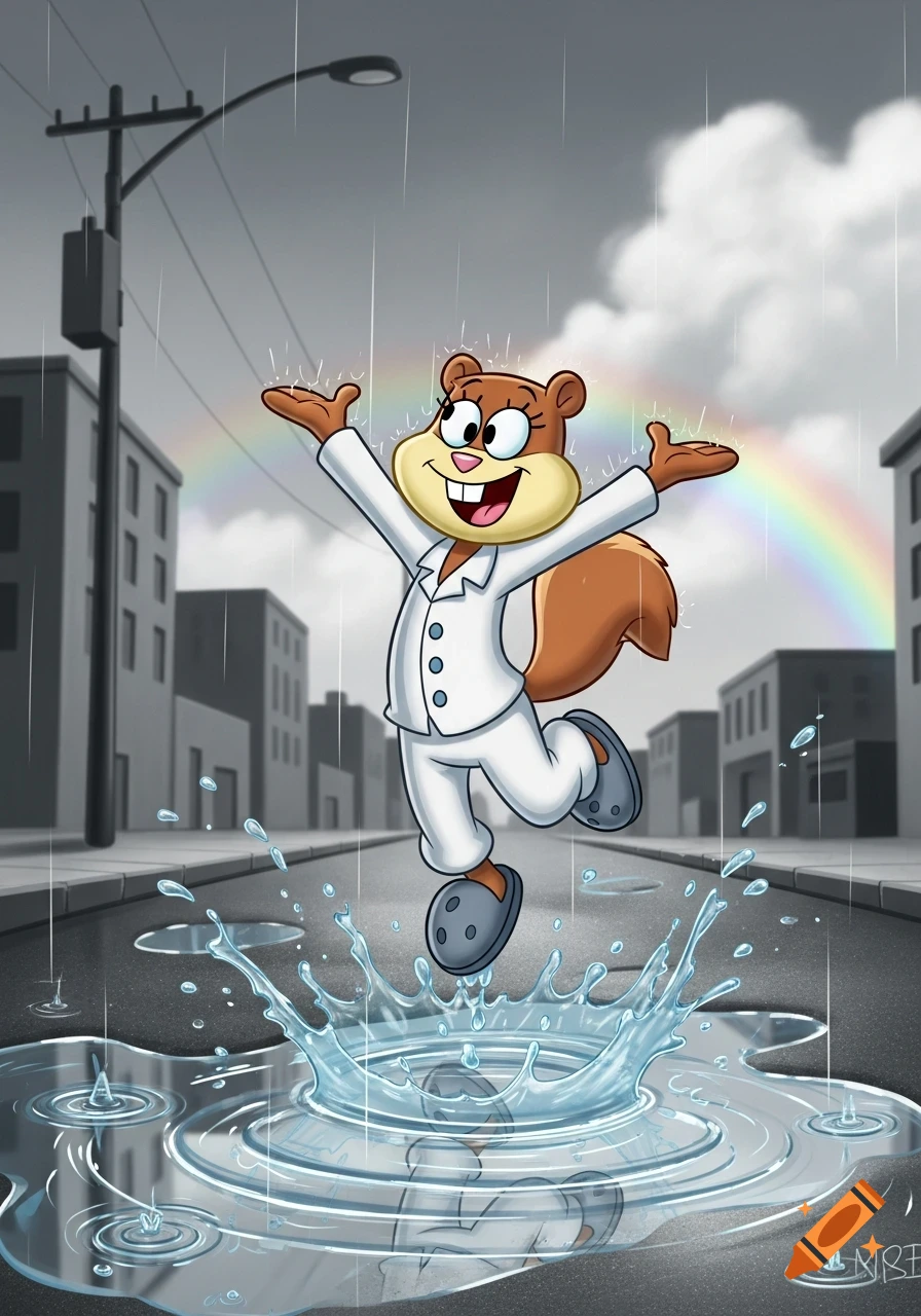Cartoon character Sandy Cheeks in a white suit and grey slippers joyfully splashes in a puddle on a rainy street with a rainbow.