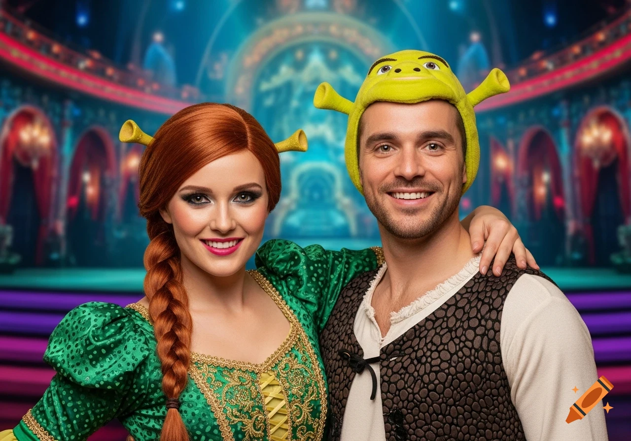 A smiling woman dressed as Princess Fiona and a man in a Shrek hat pose on a vibrant ballroom dance stage.