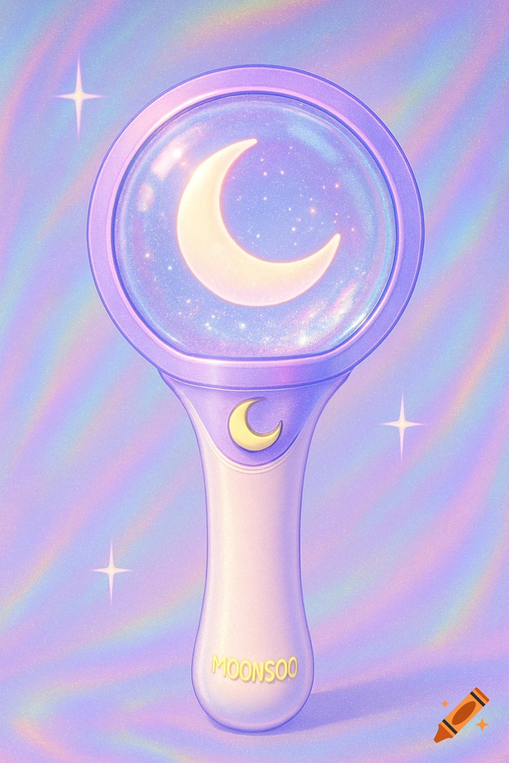 Pastel purple and white lightstick with a glittery crescent moon in a sphere and 'MOONSOO' on the handle, on an iridescent background.