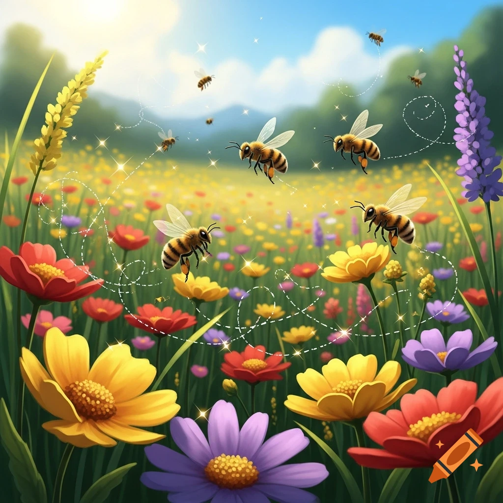 Vibrant field of colorful wildflowers under a sunny sky with honeybees flying, leaving sparkling trails.