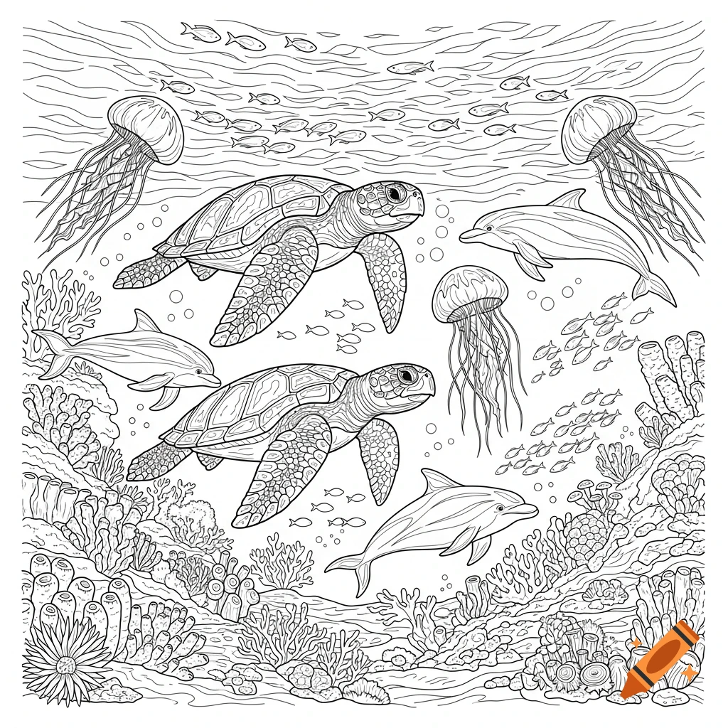Black and white line art coloring page featuring sea turtles, dolphins, jellyfish, and fish swimming among coral.