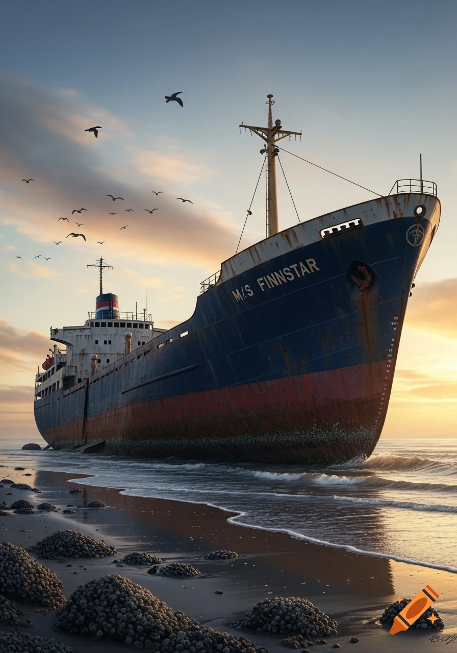 A large, rusty cargo ship, M/S FINNSTAR, beached on a shore with waves and barnacle-covered rocks under a sunset sky.