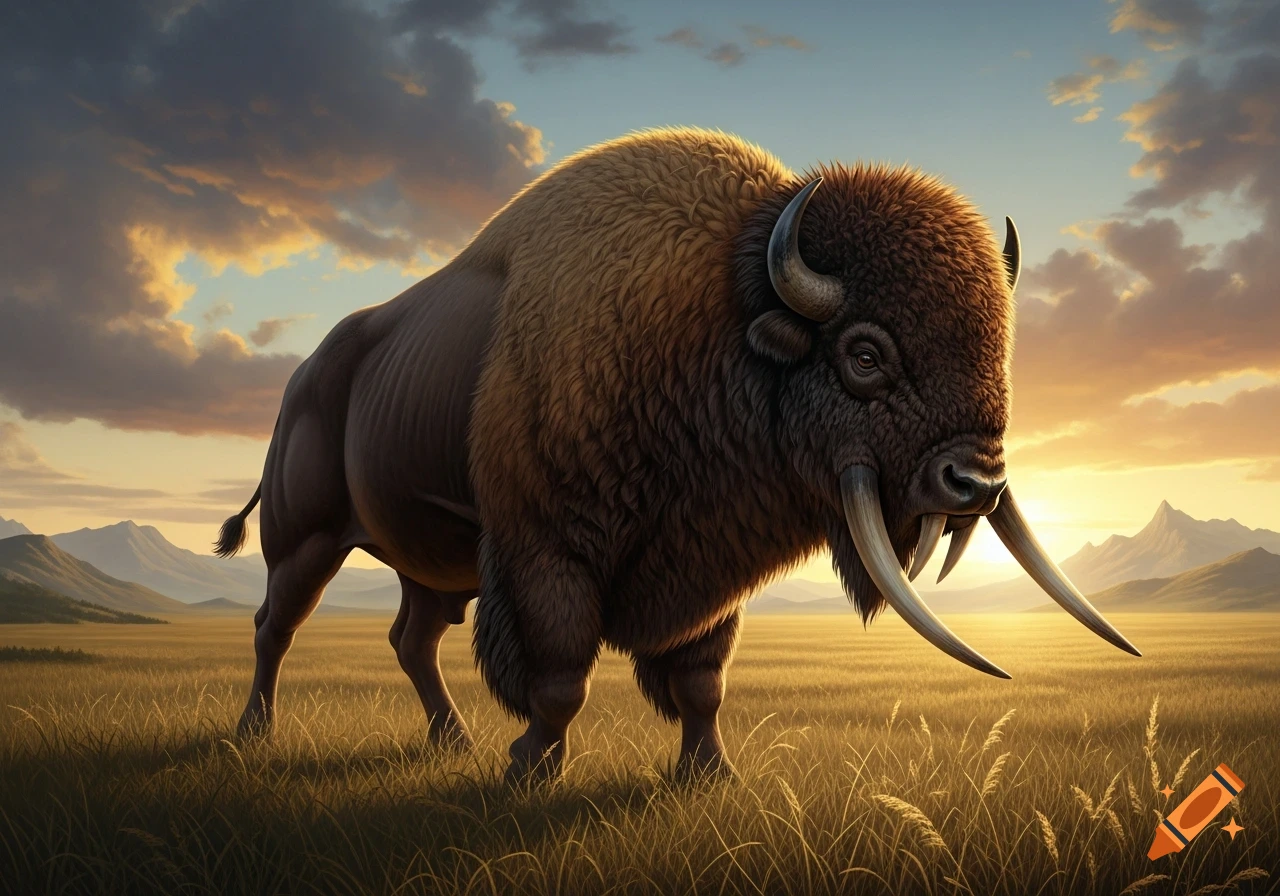 Photorealistic image of a prehistoric sabretooth bison with large tusks standing in grassy plains at sunset.