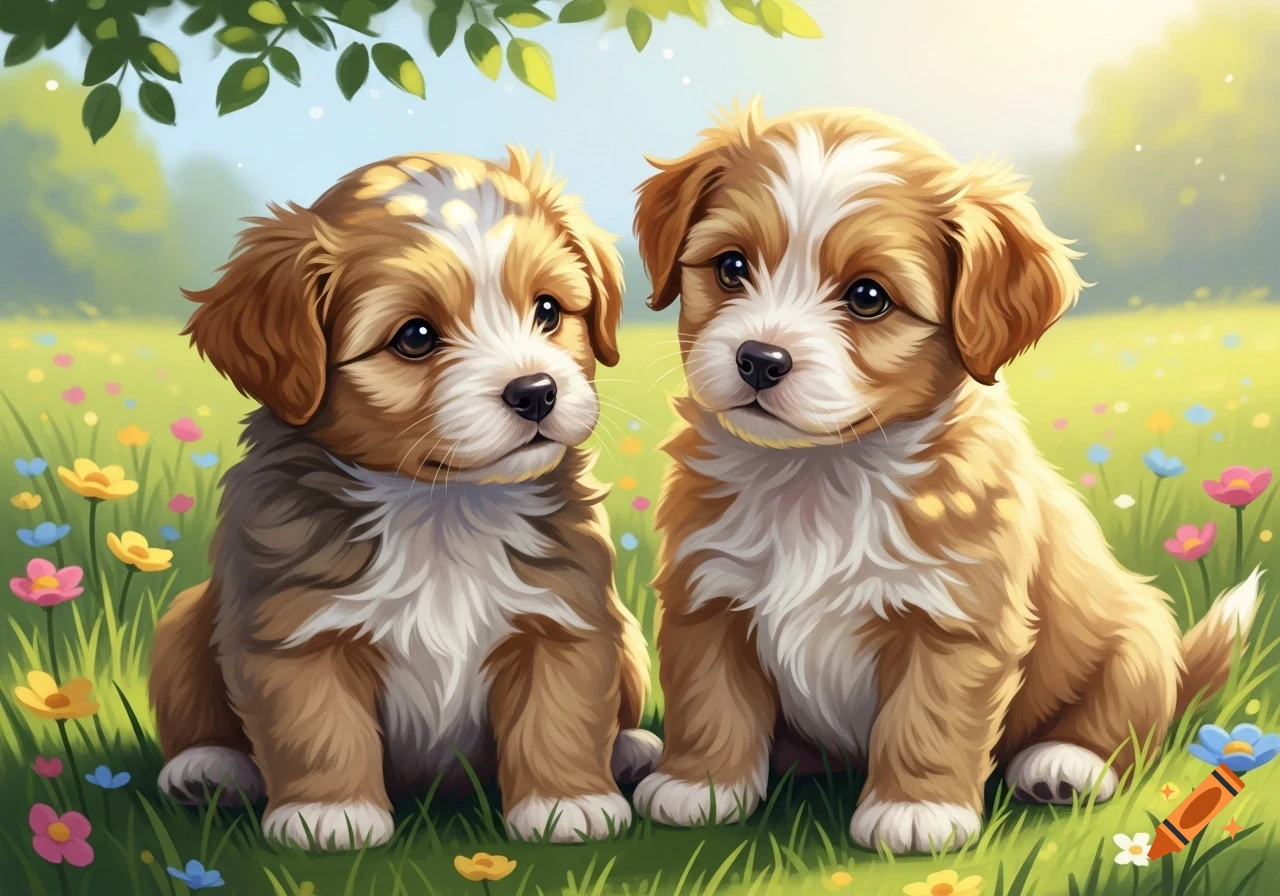 Two adorable, fluffy brown and white puppies sit together in a vibrant green field filled with colorful wildflowers under a sunny sky.