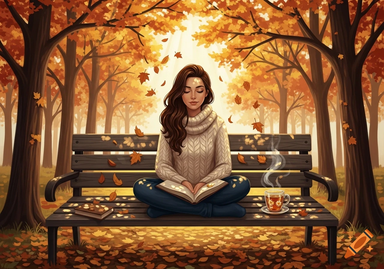 Illustrative image of a woman reading a book on a park bench, surrounded by vibrant autumn leaves, with a steaming mug.