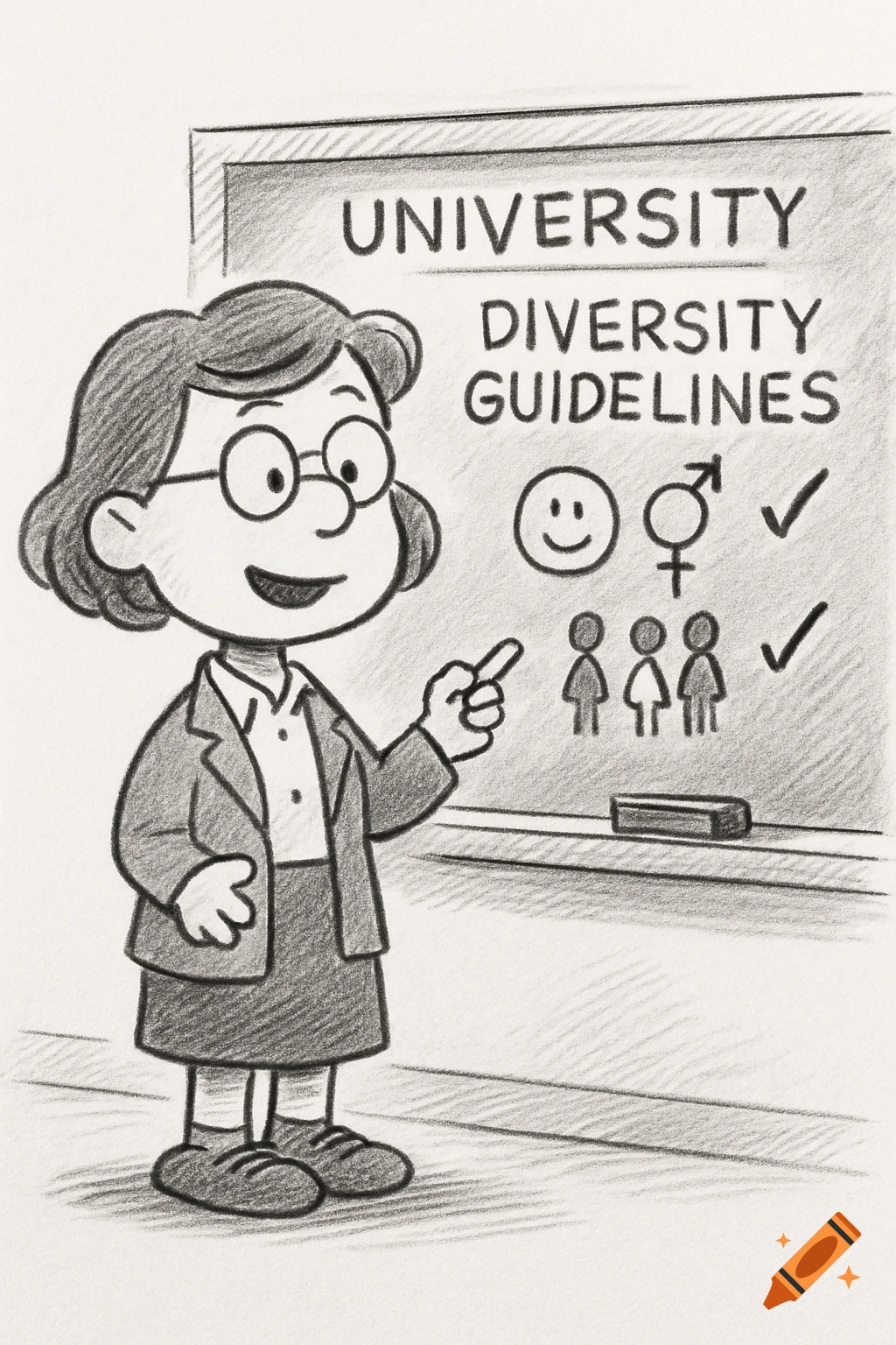 Black and white Peanuts-style cartoon of a female psychologist explaining university diversity guidelines on a board.
