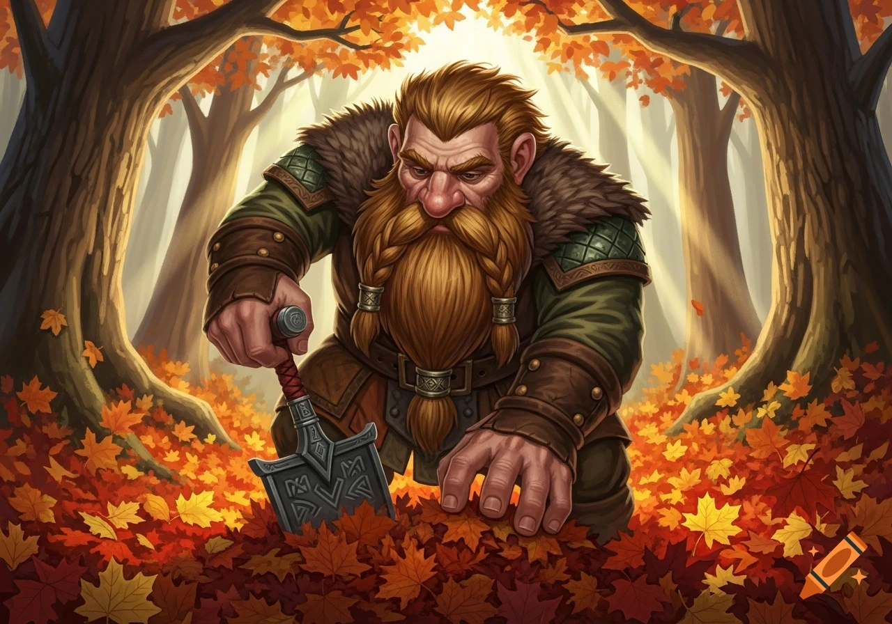 A bearded dwarf with braided hair and a fur-lined tunic digs through a vibrant pile of autumn leaves in a sunlit forest, holding a small decorative shovel. Illustrated artbook style.