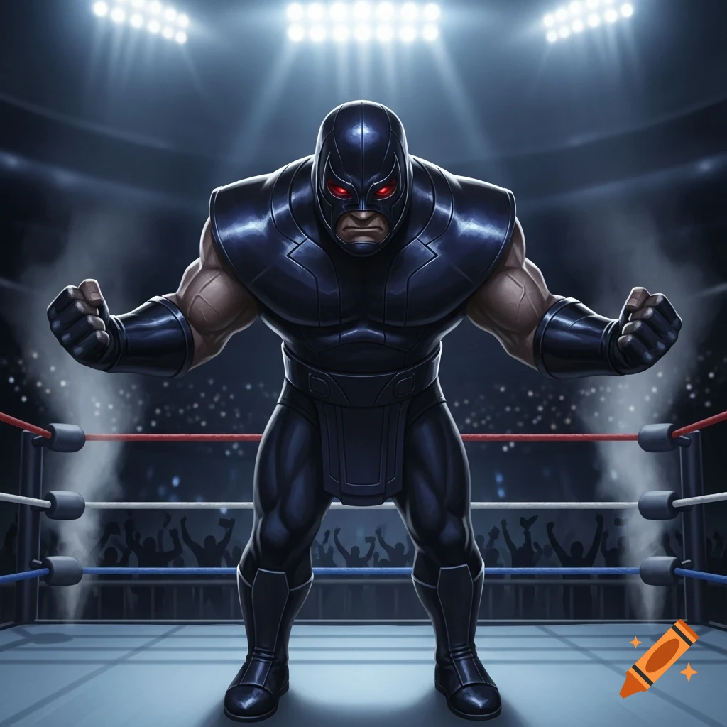 A muscular character resembling Darkseid in a black costume and red-eyed mask stands in a wrestling ring under bright spotlights, looking sternly forward.