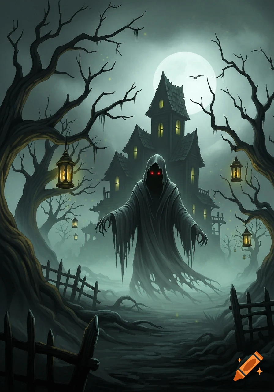 A ghostly figure with glowing red eyes floats in front of a spooky haunted house on a misty, moonlit night, surrounded by bare trees.