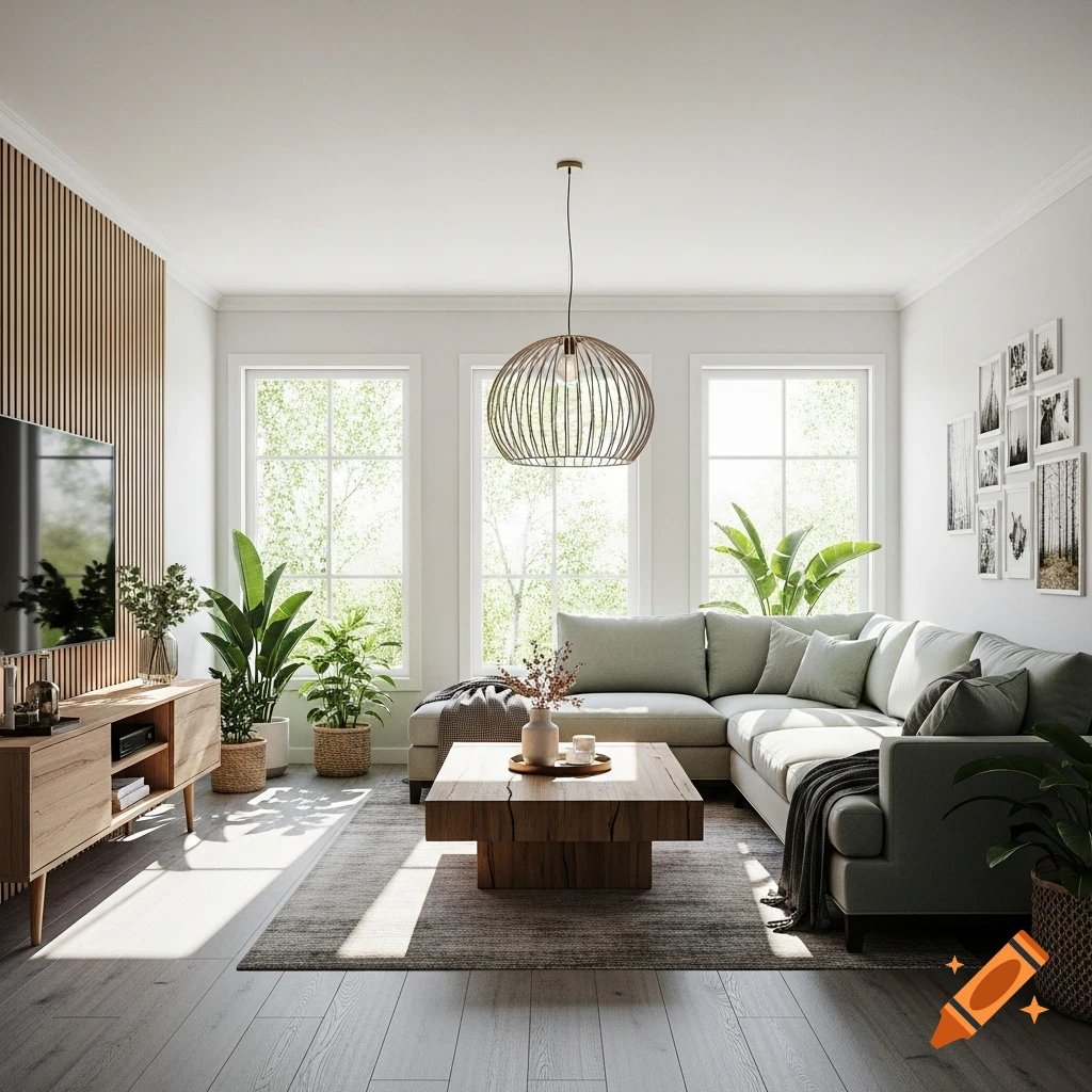 Bright Scandinavian living room with a sage green sectional sofa, wooden coffee table, and numerous plants. Photorealistic.