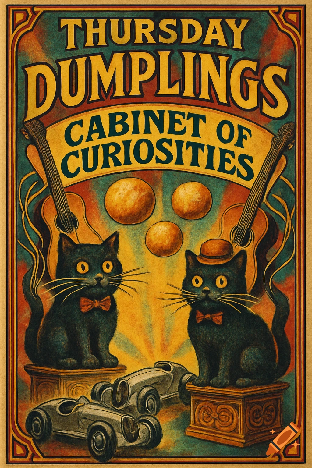 Vintage poster for 'Thursday Dumplings Cabinet of Curiosities' featuring two black cats, guitars, and race cars.