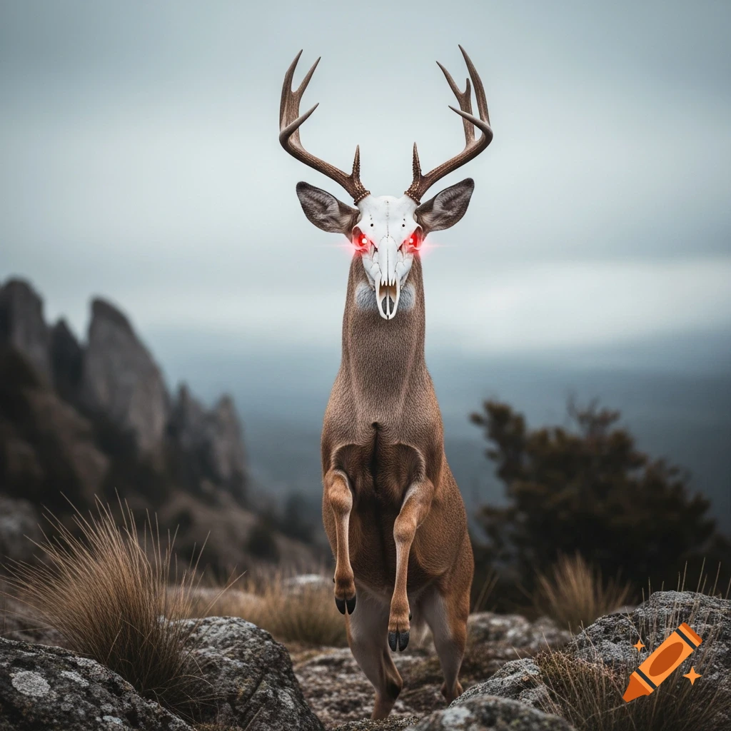 A deer with a skull for a head and red glowing eyes stands on its hind ...