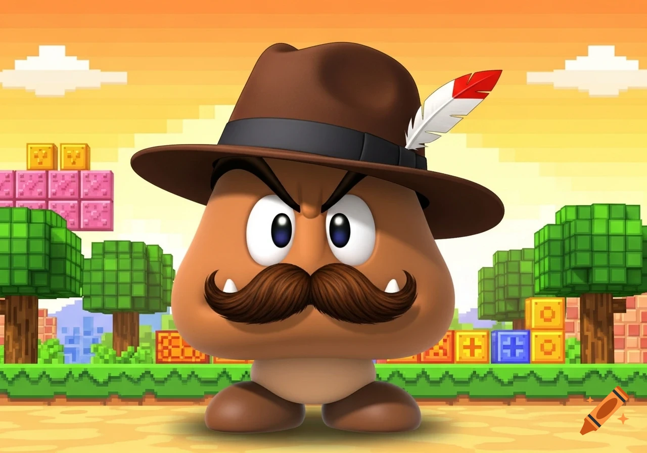 An angry Goomba character with a prominent mustache and a brown fedora-style hat with a feather, standing in a pixelated Super Mario-style landscape.