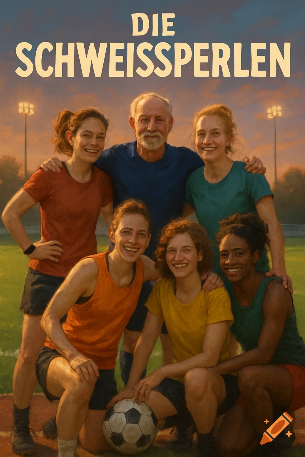 Painterly group portrait of an older man and five women in sportswear posing on a sports field with a soccer ball. Text 'DIE SCHWEISSPERLEN' overhead.