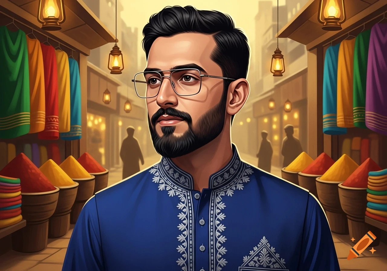 A stylish Pakistani man with glasses and a short beard stands in a vibrant outdoor market, surrounded by colorful fabrics and spices.
