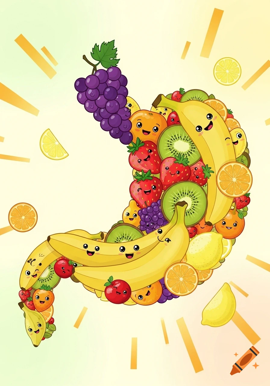Vibrant cartoon fruits with faces, including bananas, kiwis, and strawberries, forming a human stomach shape.